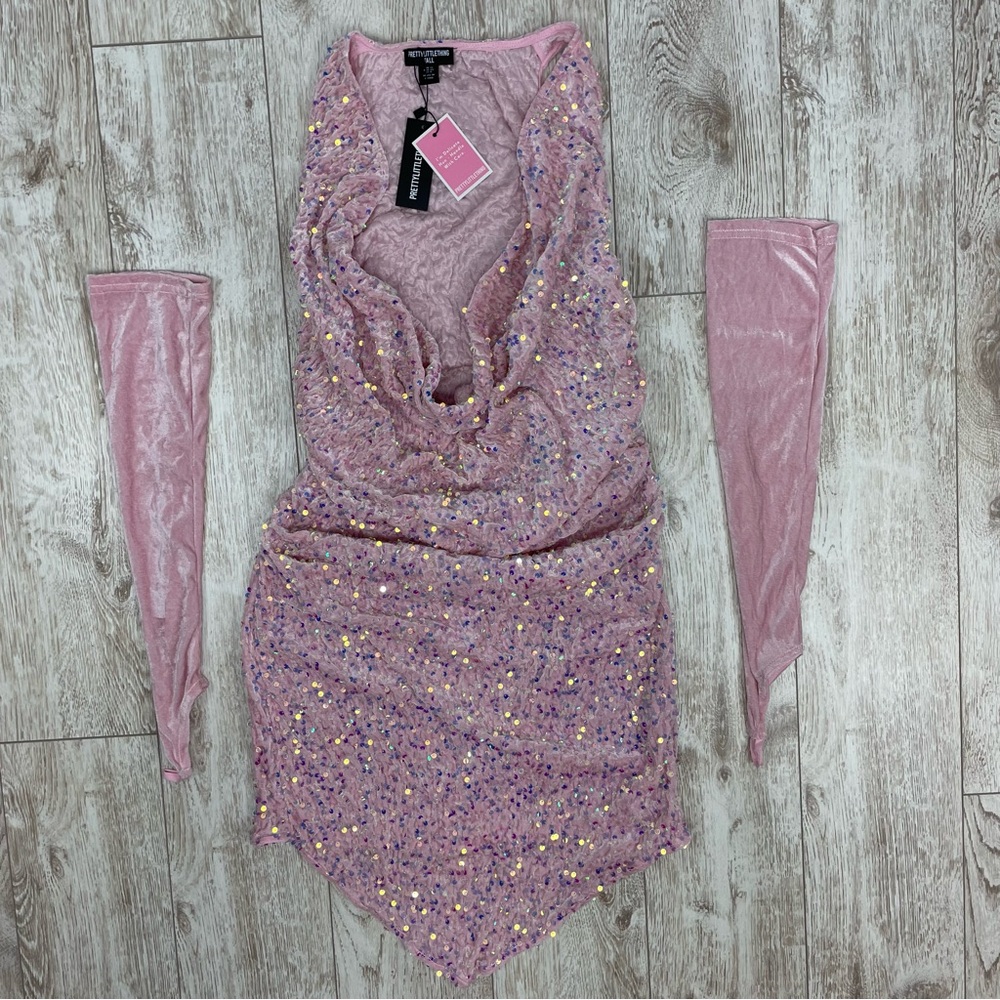 PRETTYLITTLETHING 8 40 pink sequin dress with gloves cowl neck